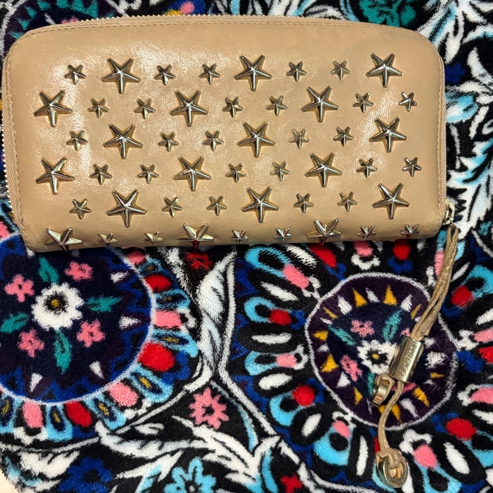 Jimmy Choo Beige Leather Star-Stud Zip Wristlet